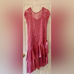 Alicia Vintage Pink Lace & Satin Ruffle Dress – 80s Party – Size 11/12 Fits 8–10